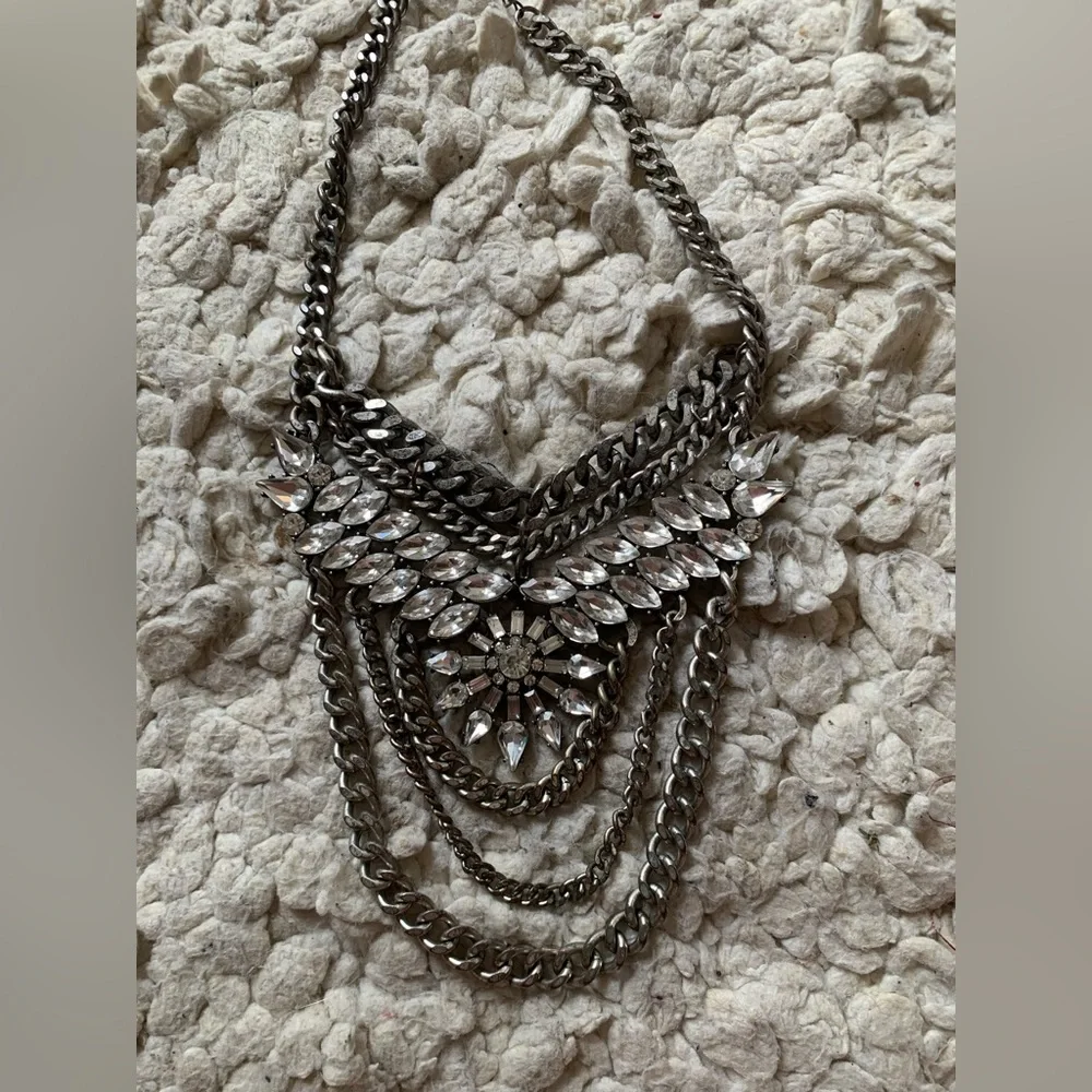 Silver rhinestone chain link adjustable statement necklace costume jewelry - Picture 1 of 6